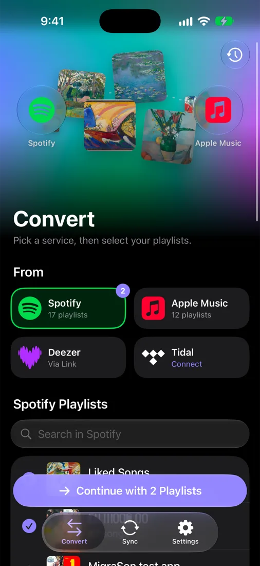 MigraSon's Convert screen: choosing a service and playlists